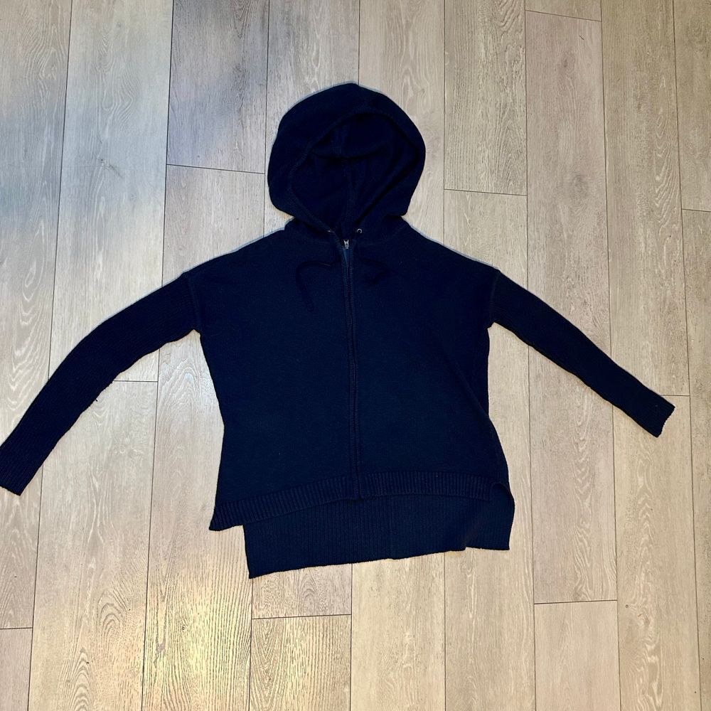 Athleta Cozy Navy Hooded Zip-Up Sweater Casual Comfort Layering cable knit